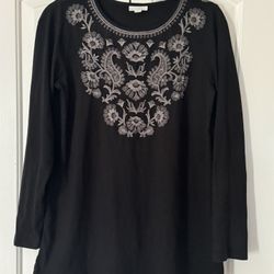 J Jill Tunic, Black Embroidered Tencel Blend Long Sleeve Pullover size SM
