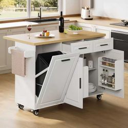 Modern Kitchen Island Cart with Storage, Power Outlet, Drop Leaf, Trash Cabinet,White