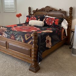 Ornate California King Size Carved Wood and Leather Bed Frame Hacienda Style