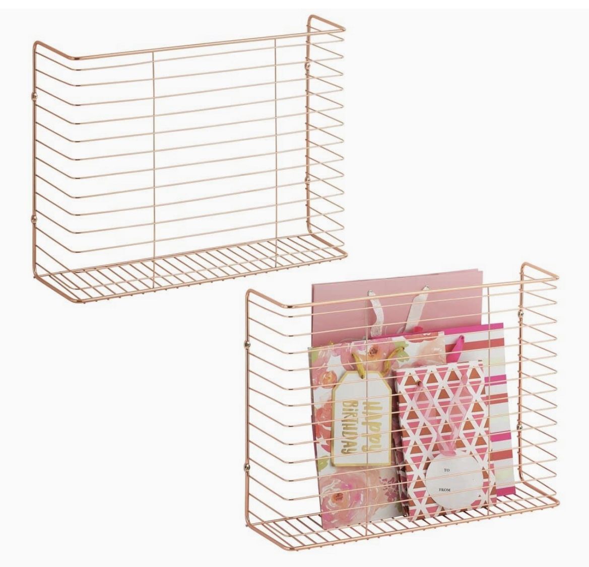 Metal Wire Farmhouse Wall Mount Magazine Holder, Storage Organizer - Space Saving Compact Rack for Magazines, Books, Newspapers, Tablets, Entryway, 