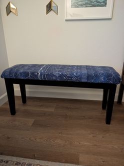 Upholstered Bench with Blue Patterned Fabric