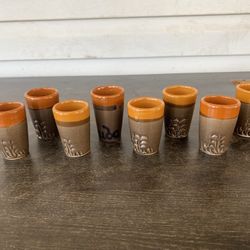 Cuba Pottery Shot Glass Tequila Hand Painted Carved set of 8