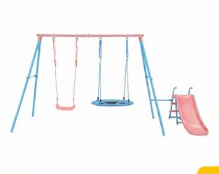 MERSCO BABY SWING SET WITH SLIDE, 3-IN-1 OUTDOOR PLAYSET FOR BACKYARD WITH FLYING SAUCER & CLASSIC SWING, STURDY METAL FRAME PLAYGROUND SWING SET TOY 
