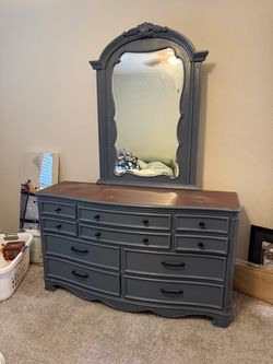All wood dresser, mirror, and desk