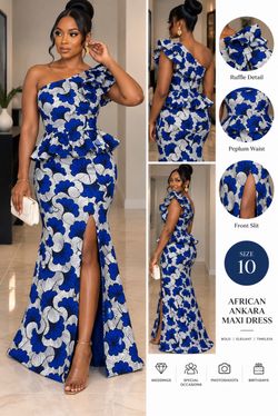 NEW Women’s Size 10 African Ankara Maxi Dress – Royal Blue & White
