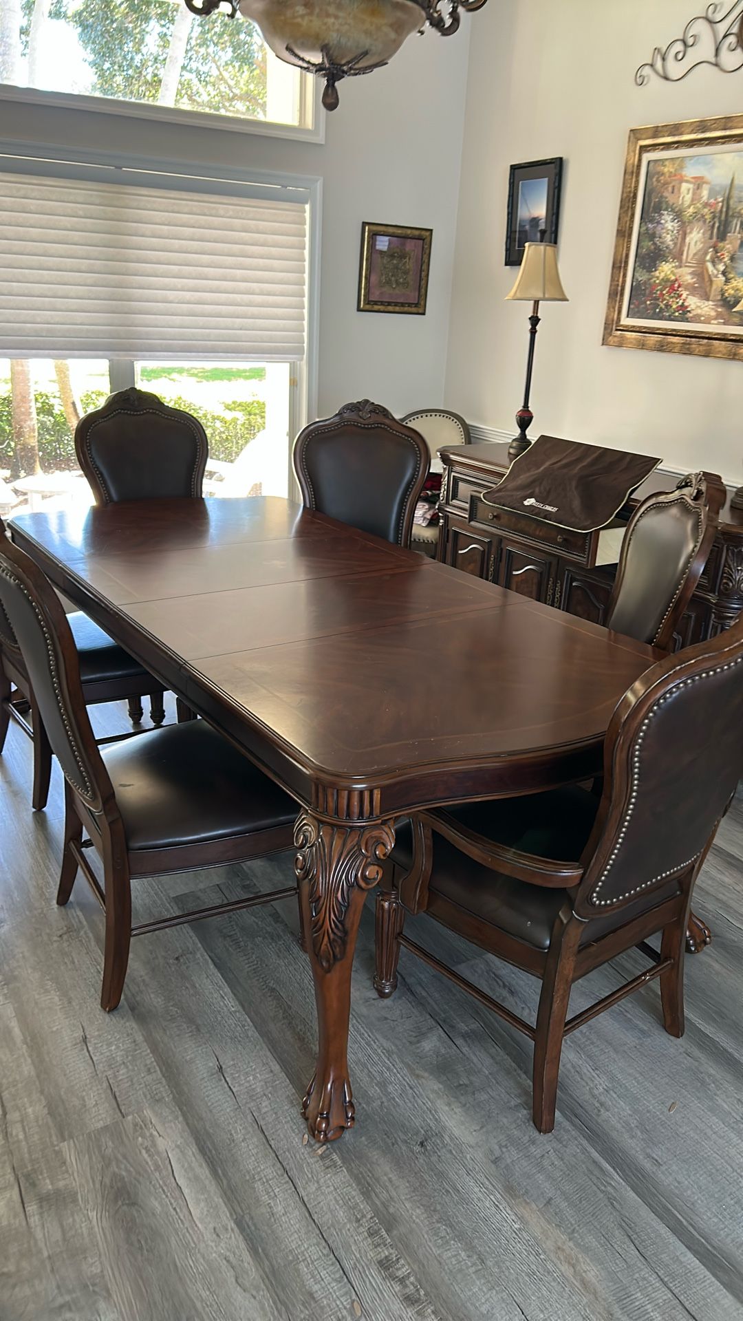 Dark Wood Dinning Table , 6 Chairs With Serving Cabinet