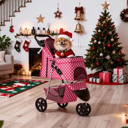 3 Wheel Folding Pet Dog Stroller, Foldable Lightweight Trolley with Storage Basket, Cup Holder and 360° Rotating Front Wheel for Small Medium Dogs, H