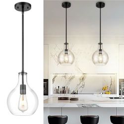 Emak 8 Inch Pendant Lights Kitchen Island, Modern Black Pendant Light with Clear Glass Shade, Farmhouse Hanging Light Fixture for Kitchen, Bathroom, H