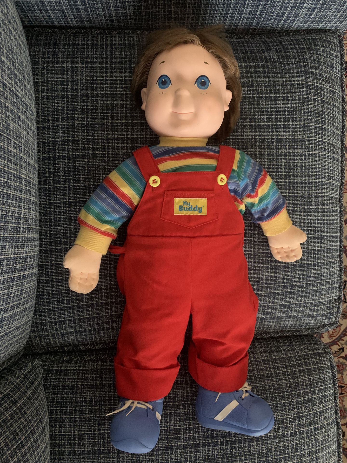 ORIGINAL “MY BUDDY” PLUSH BOY DOLL,BROWN HAIR,BLUE EYES,RED OVERALLS,23IN TALL