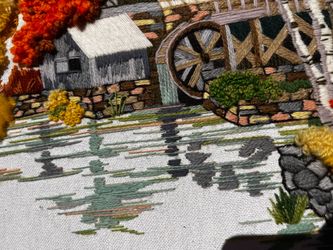 Vintage 1978 Sunset Designs "Fall Mill Pond" Finished Crewel Embroidery – Framed Autumn Watermill Landscape