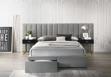 Grey Velvet Queen Platform Bed 