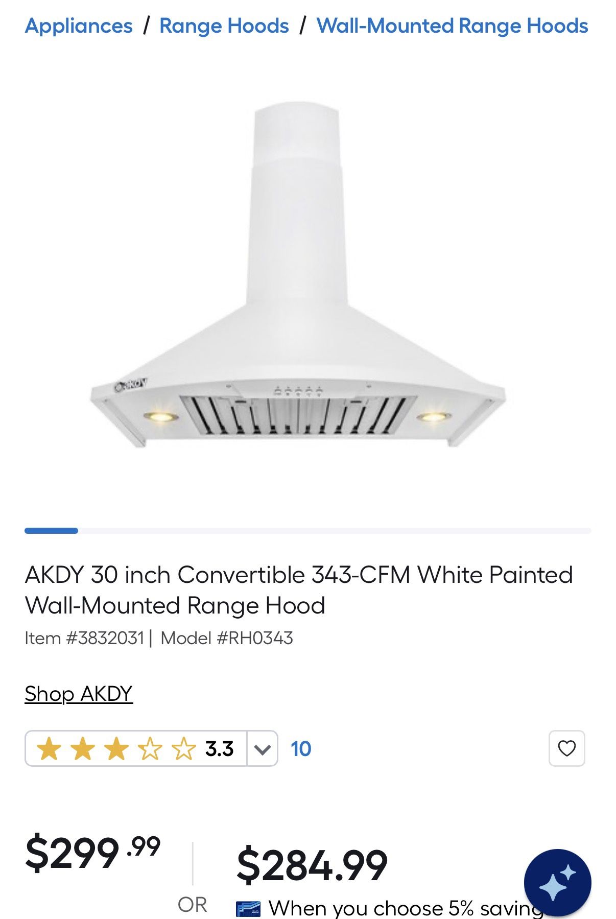 Range Hood AKDY 30 inch Convertible 343-CFM White Painted Wall-Mounted  (New)