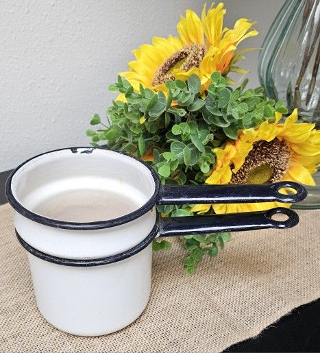 Vintage Enamel White And Black Double Boiler