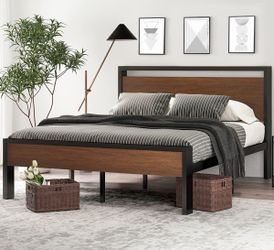 14 Inch Full Size Metal Platform Bed Frame with Wooden Headboard and Footboard, Mattress Foundation, No Box Spring Needed, Large Under Bed Storage, No