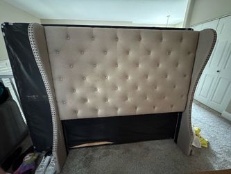 Tufted Wingback Queen Headboard with Nailhead Trim
