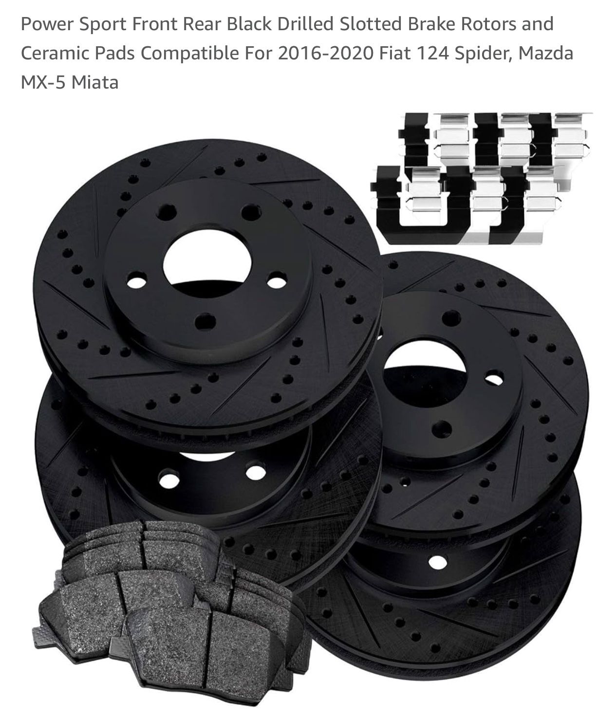 Power Sport Front Rear Black Drilled Slotted Brake Rotors and Ceramic Pads Compatible For 2016-2020 Fiat 124 Spider, Mazda MX-5 Miata