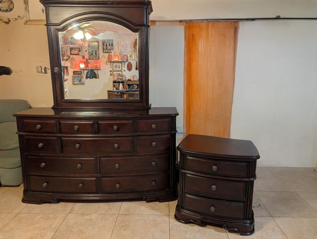 Dresser with Mirror and Nightstand, Dark Wood