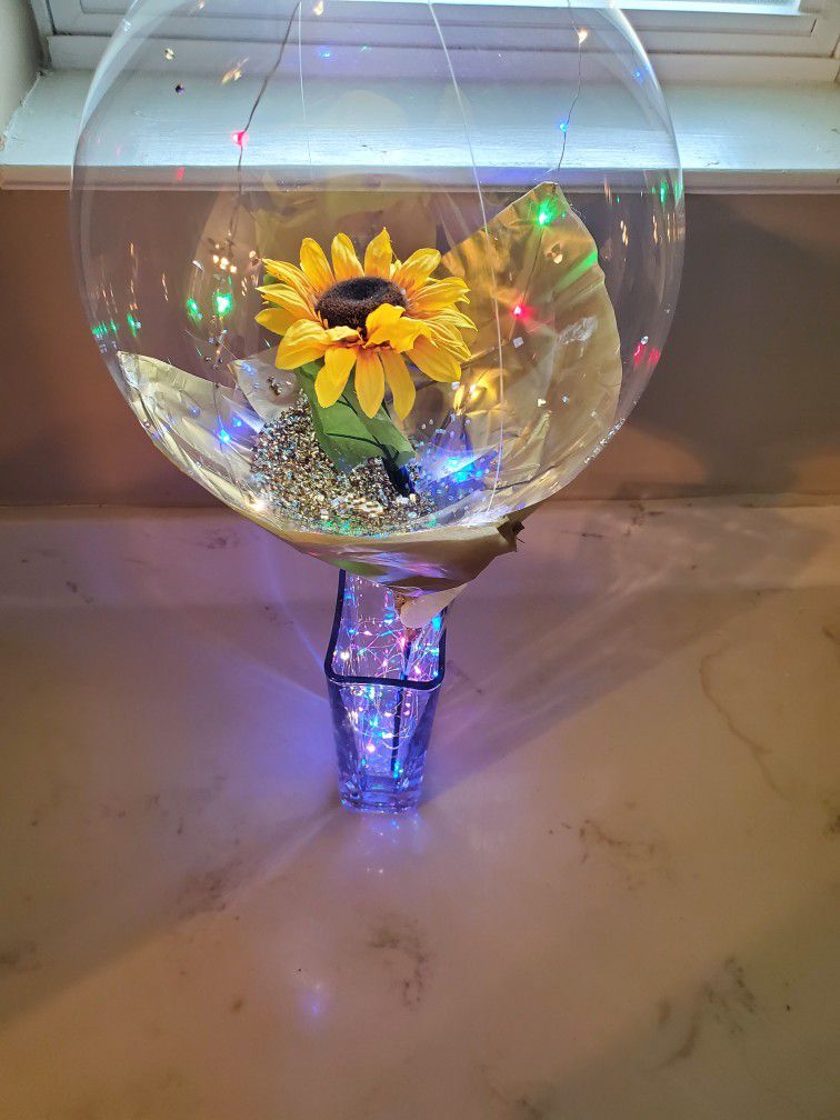 Sunflower Inside Balloon With Vase And Led Battery Light