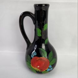 Vintage Japan black hand painted vase/ pitcher 6". 