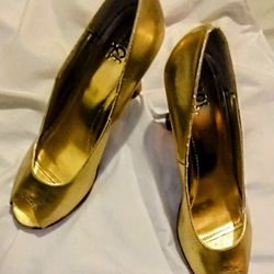 Rouge helium GOLD 5.5" High Heel PEEP Toe 2"PLATFORM Shoes Women Size 8 1/2