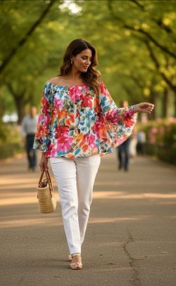 Unbranded Women's Size M (XL Asian) Floral Blue/Pink Elastic Off Shoulder Blouse. An Asian Size XL typically corresponds to a US Size Medium (US 8–10)