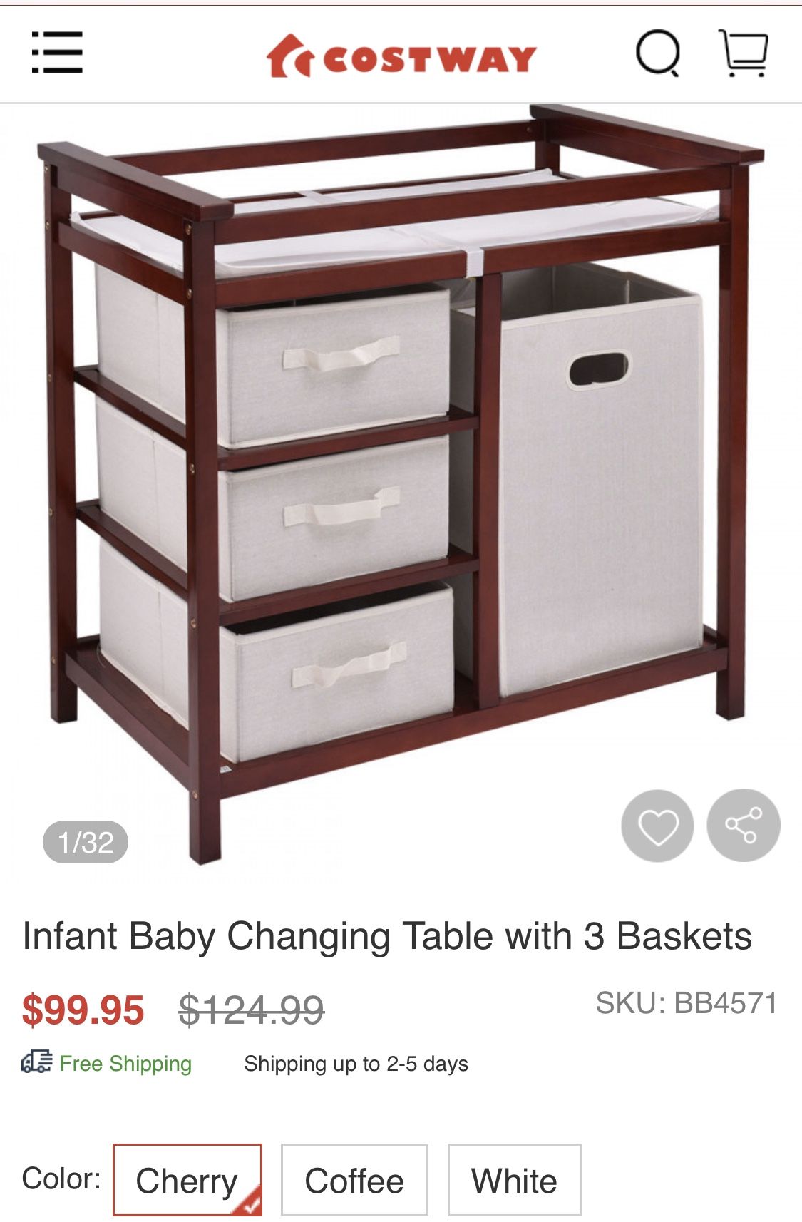 Brand new cherry changing table in box