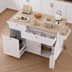 Kitchen Island on Wheels with Power Outlet & Drop Leaf Countertop, Rolling Kitchen Islands with Trash Can Storage, Portable Kitchen Cart with Drawers,
