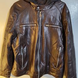 Guess XL  Brown Faux Leather Jacket  Removable Hood
