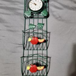 Green Hanging Clock With Leaf and Apple Decorations