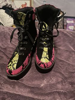 Yellow, Pink, And Black Snake Skin Combat Boots
