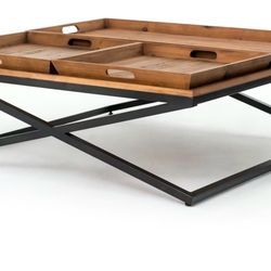 Living Spaces Tray Coffee Table | 47” | Reclaimed Pine + Iron