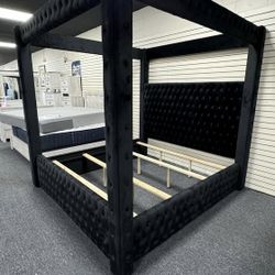 Black Upholstered canopy bed frame