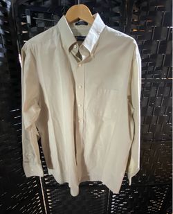 Chaps Dress Shirt Men XL 17.5 34/35 Tan Micro Check Wrinkle Free Classic Fit
