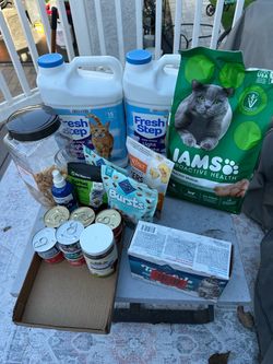 Cat food, treats, litter
