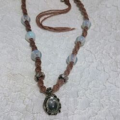 Hemp Necklace With Moonstone Pendant, Opals, Adjustable Size 