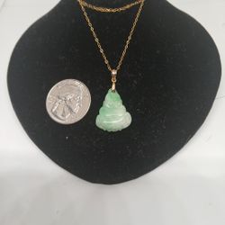 VTG BLESSING GOOD LUCK WEATHY HAPPY BUDDHA GREEN JADE PDNT S925 CHAIN 18" 