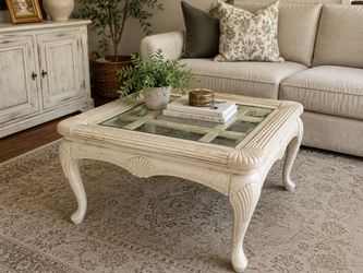 Distressed Off-White Glass Top Coffee Table with Shell Carvings
