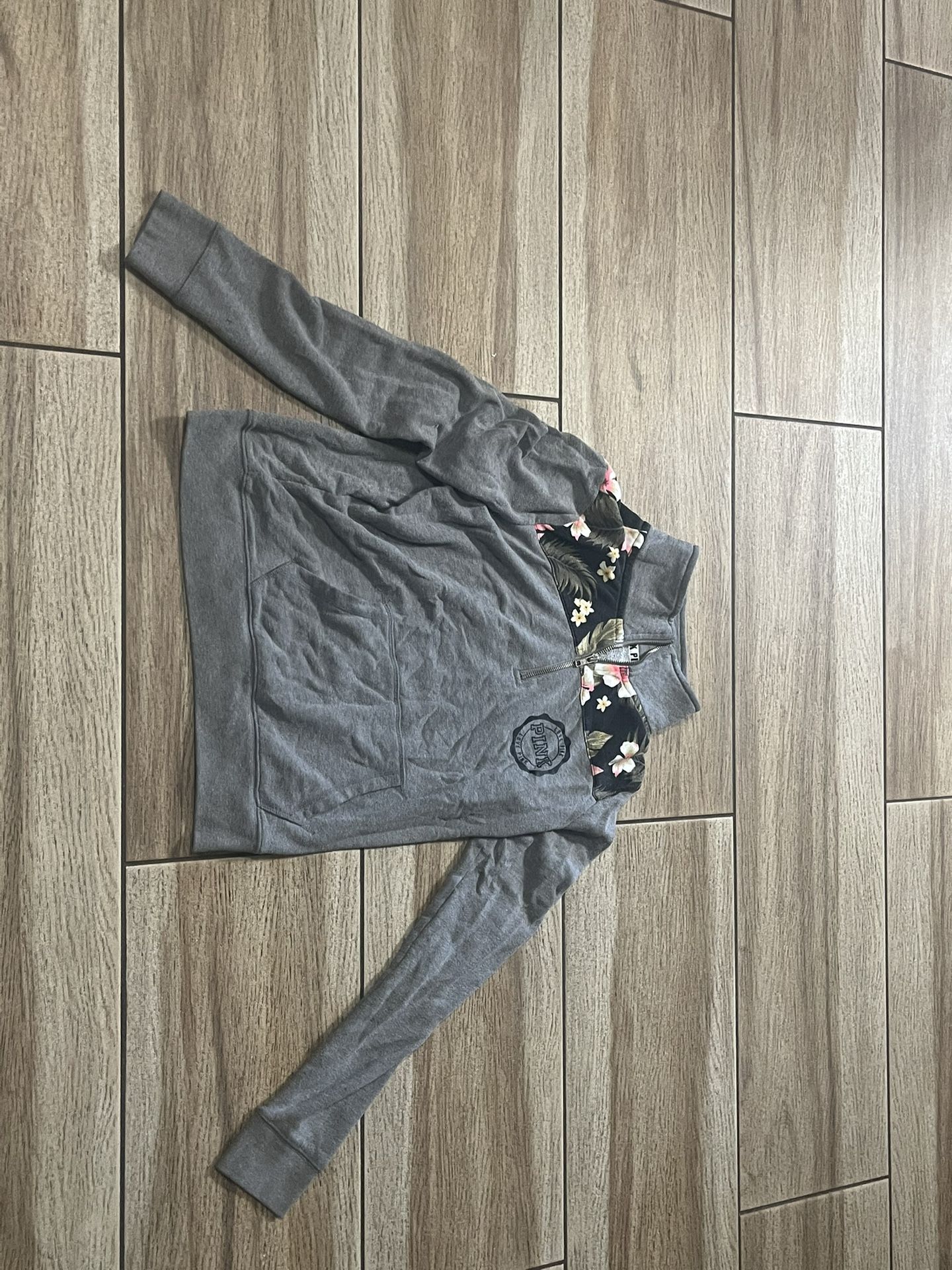 Victoria Secret Pink Sweatshirt Small Gray Quarter Zip Pullover Floral Insert