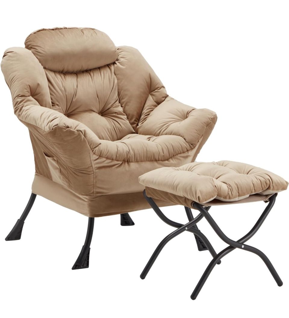 Lazy Chair with Folding Ottoman, Accent Chair Velvet Upholstered with Metal Structure and Non-Slip Pads, Sofa Armchair with Footrest and Side Storage