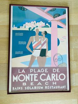Vintage Antique Stylish Piece of Art. Pastel tones. “La Plage de Monte Carlo”. Great bargain. 31.5” x 45”. Like new condition.
