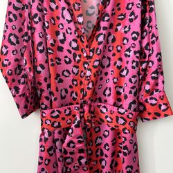 Pink Leopard Designer Silk Belted Dress 