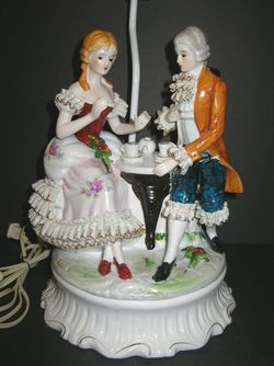 VINTAGE CAPODIMONTE VICTORIA-FIGURINE PORCELAIN TABLE LAMP AFTERNOON TEA