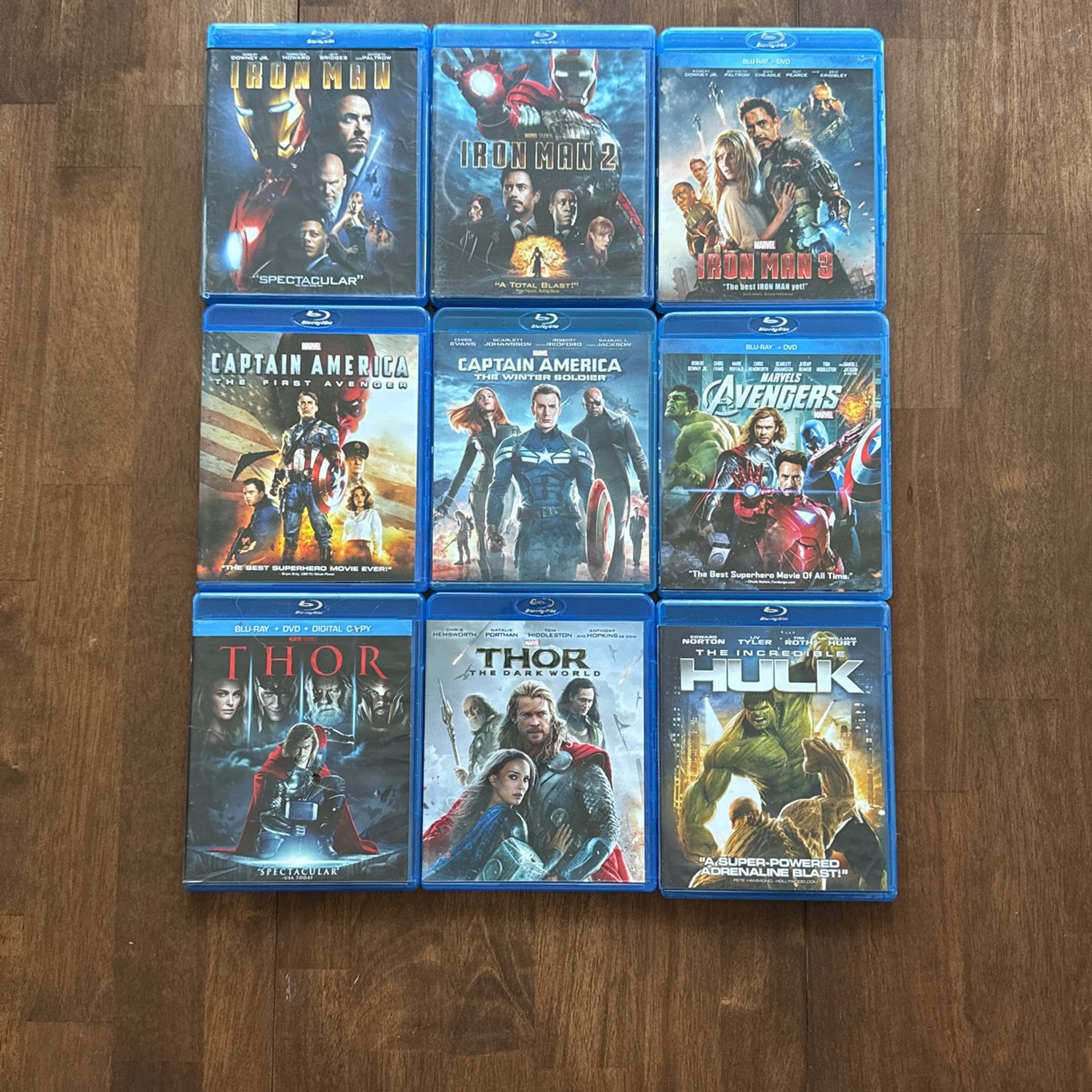 Iron Man + Iron Man 2 + Iron Man 3 + Captain America + Winter Soldier + Hulk + Thor + Dark World + Avengers Blu-rays
