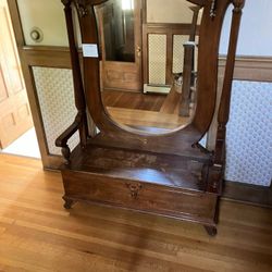 Antique Beveled Mirror Hall Tree Coat Rack
