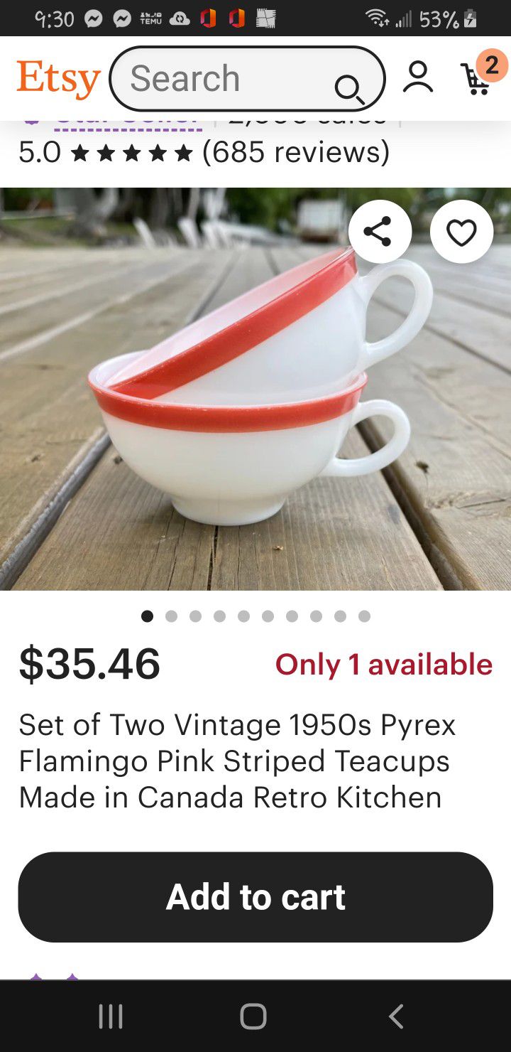Vintage PYREX  Coral Banded Cups