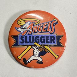 Vintage Angels Slugger Bear Pin Back Button 1990 Anaheim Baseball 