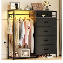 Dresser for Bedroom with Clothes Hanging Rack, Reversible Bedroom Dresser with Shoe Rack & 6 Fabric Drawers, 3-in-1 Storage Chest of Drawers with Led 