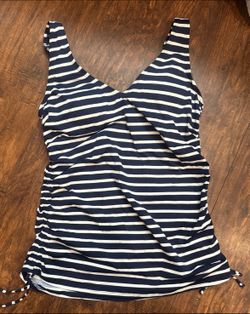 Lands End NWT Tankini Swim Top Adjustable V Neck Deep Sea Blue Stripe Size 2