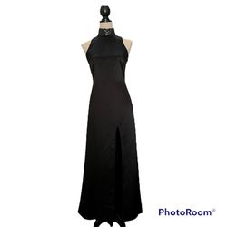 Women’s Satin Sequin High Neck High Slit Gown Dress, Black, Size 4