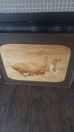 Framed Wood Burning Buffalo Hunt Artwork